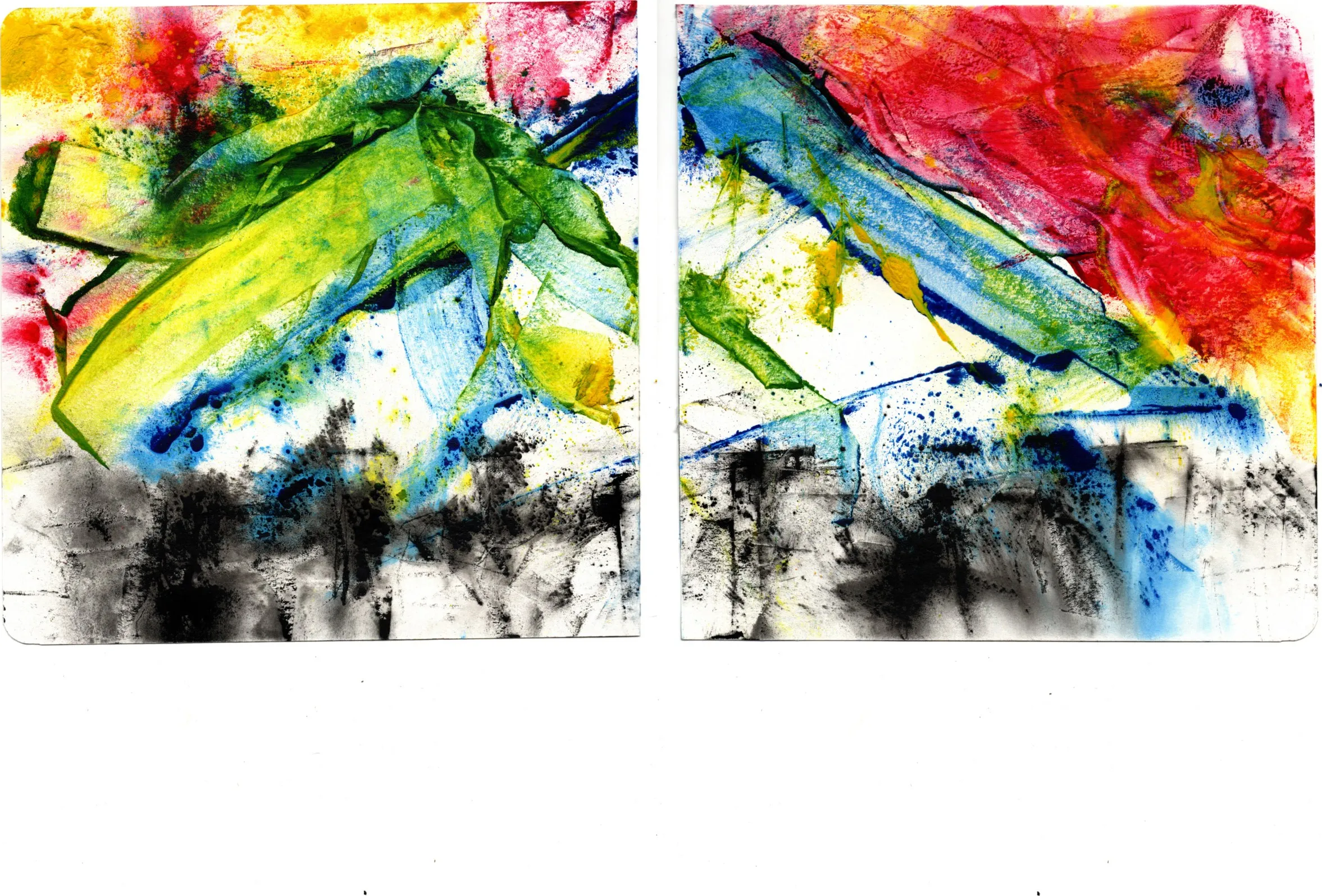 Cromática, Diaspórica y Arrecha! — díptico CDA_BASE_08 + CDA_BASE_04, silhueta de Caracas formada pelas duas peças-base lado a lado, toner CMYK fundido com calor sobre papel watercolor
